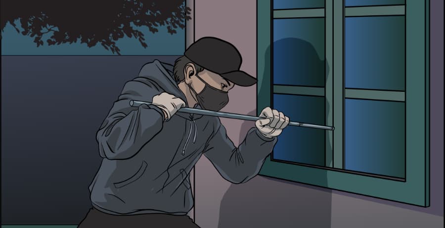 Illustration of burglar forcing entry through a window in Newburgh